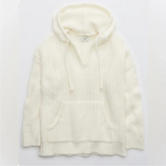 Aerie Street Cream Wool Blend Oversized Chunky Knit Sweater Hoodie S NWOT - Picture 3 of 10